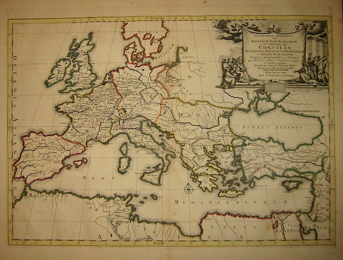 Sanson Guillaume (1633-1703) Geographia Synodica, sive Regionum, Urbium, et Locorum ubi celebrata sunt Concilia oecumenica, nationalia, provincialia et Synodi Dioecesanae tabula geographica prima quae totius orbis partes continet... 1700 ca. Amsterdam